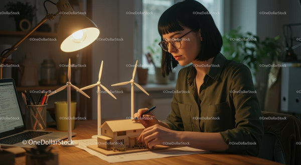 Architekt Projektujący z Modelem Domu i Turbinami Wiatrowymi