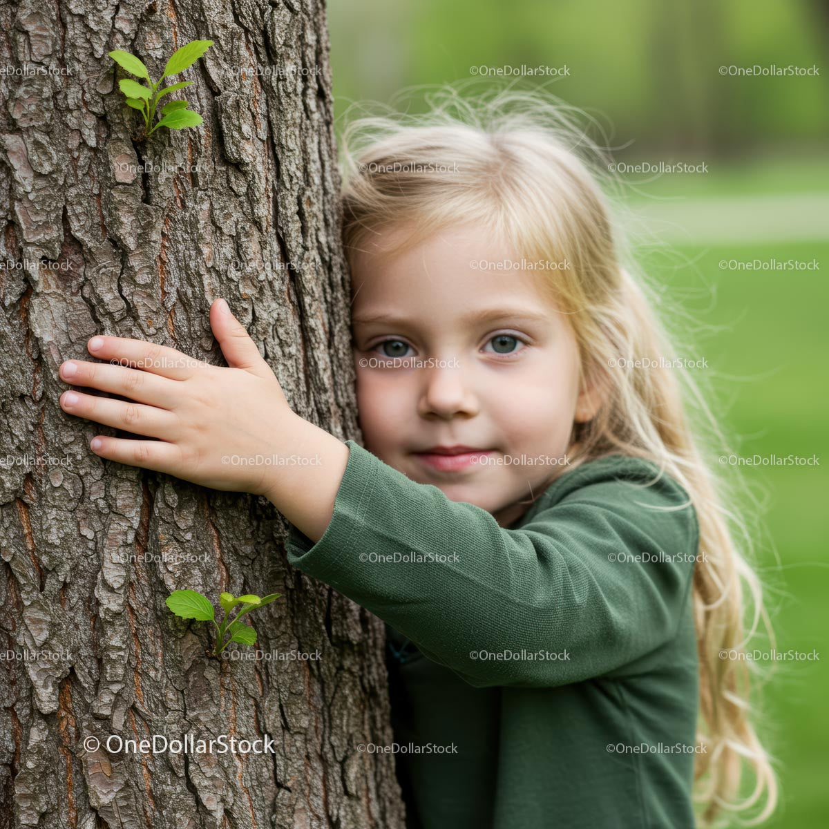 Blonde Girl Embracing Tree in Serene Forest Setting