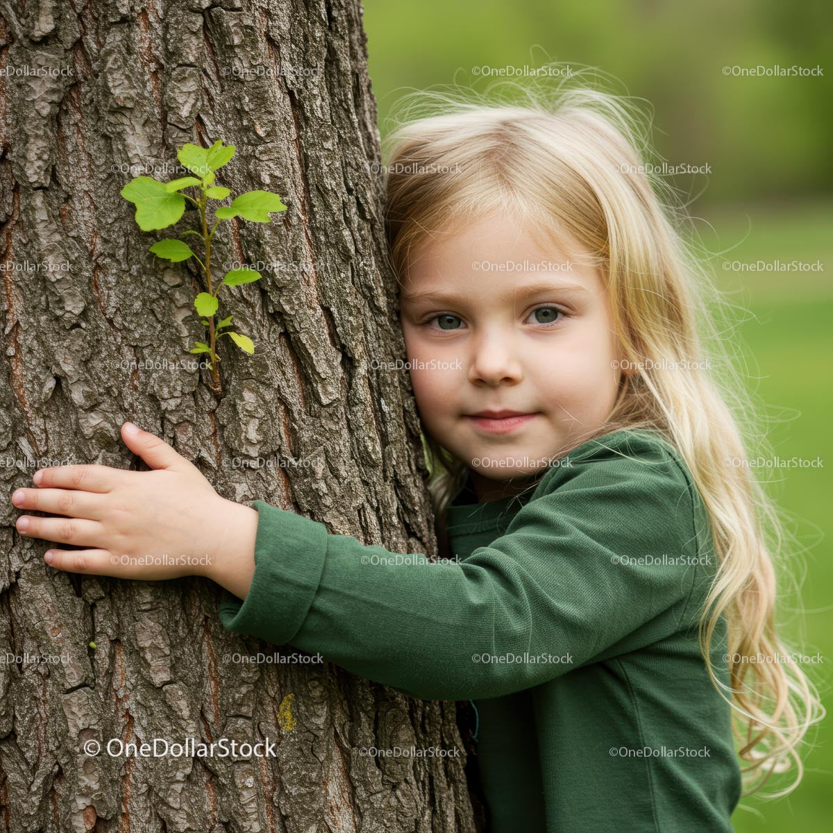 Blonde Girl Hugging Tree in a Lush Green Forest