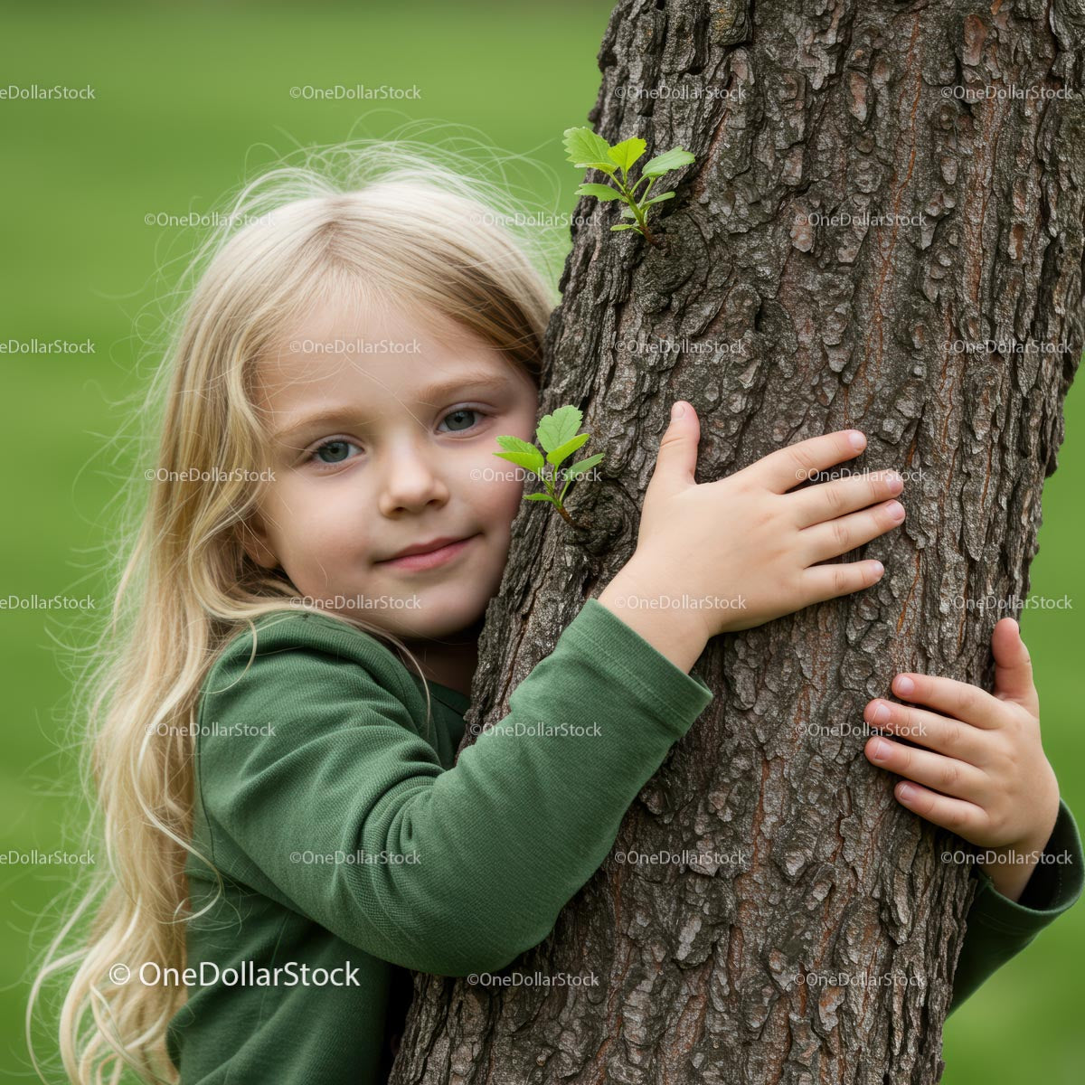 Blonde Child Hugging Tree in Lush Greenery