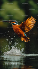 Kingfisher in Flight with Water Splashing