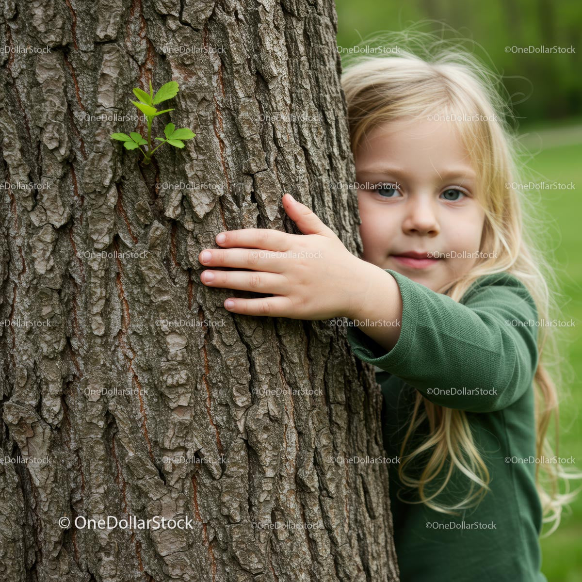 Curious Child Embracing Tree in Verdant Forest