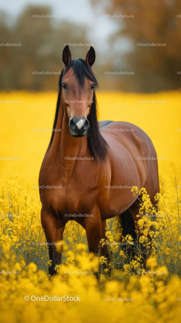 Majestic Brown Horse in Blooming Yellow Field