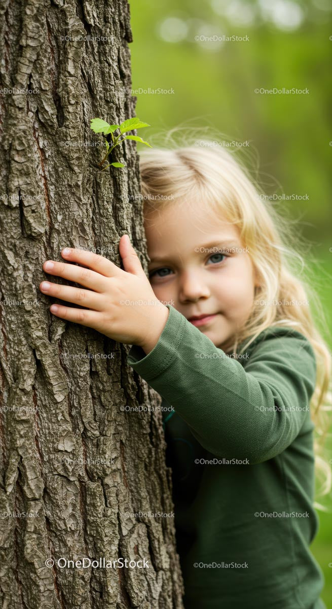 Blonde Child Embracing a Tree in Lush Greenery