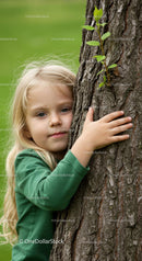 Blond Girl Embracing Tree in a Lush Green Park