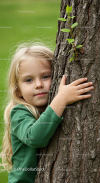 Blond Girl Embracing Tree in a Lush Green Park