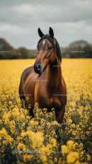 Brown Horse Grazing in a Yellow Flower Field