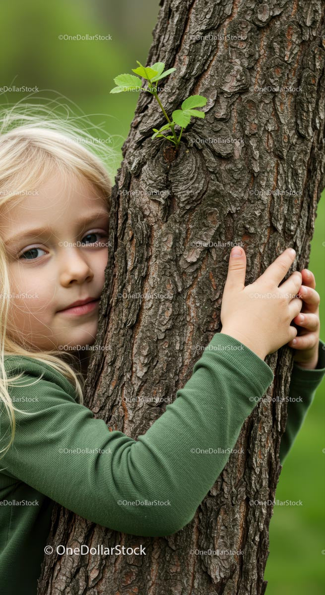 Blonde Girl Embracing a Tree in Nature
