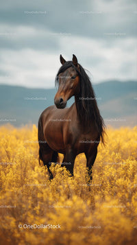 Majestic Horse in Yellow Flower Meadow