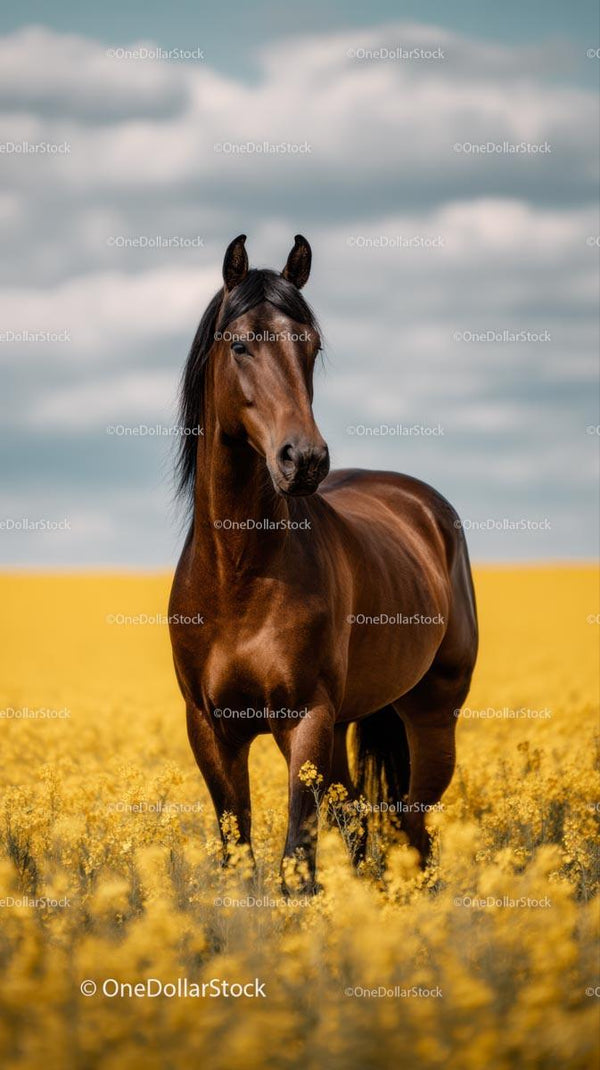 Majestic Brown Horse in Vibrant Yellow Field