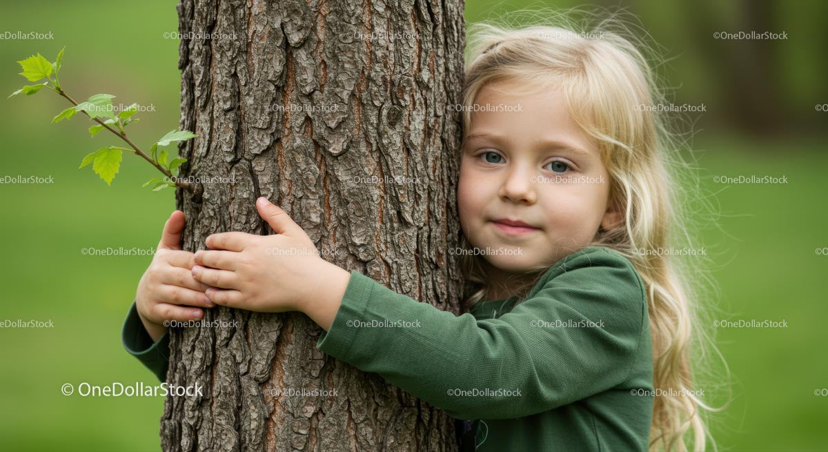 Young Girl Embracing a Tree in Lush Green Nature