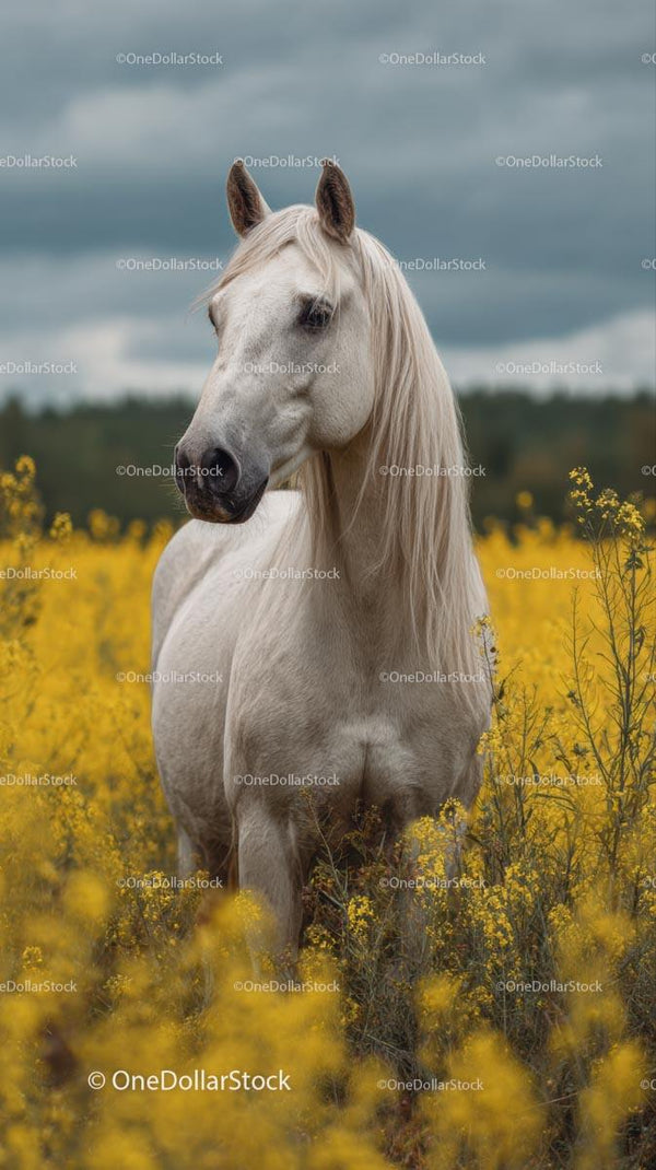 White Horse Gracefully Stands in Yellow Wildflowers Field