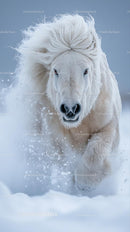 Majestic White Horse Galloping Through Snowy Winter Landscape