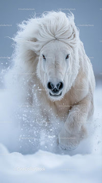 Majestic White Horse Galloping Through Snowy Winter Landscape