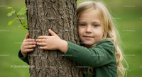Young Girl Hugging Tree in Green Sweater