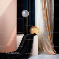 Elegant Interior with Drapes and Spheres in Modern Setting