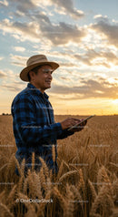 Farmer Using Tablet in Golden Wheat Field at Sunset