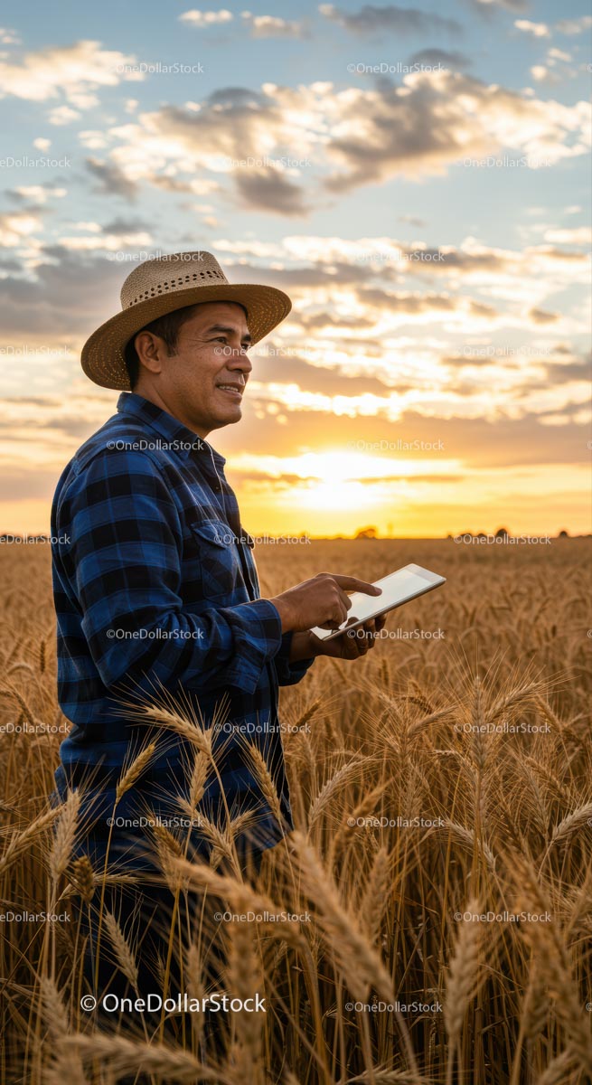 Farmer Using Tablet in Golden Wheat Field at Sunset
