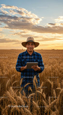 Farmer with Tablet in Golden Wheat Field at Sunset