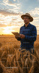 Farmer Using Tablet in a Wheat Field at Sunset