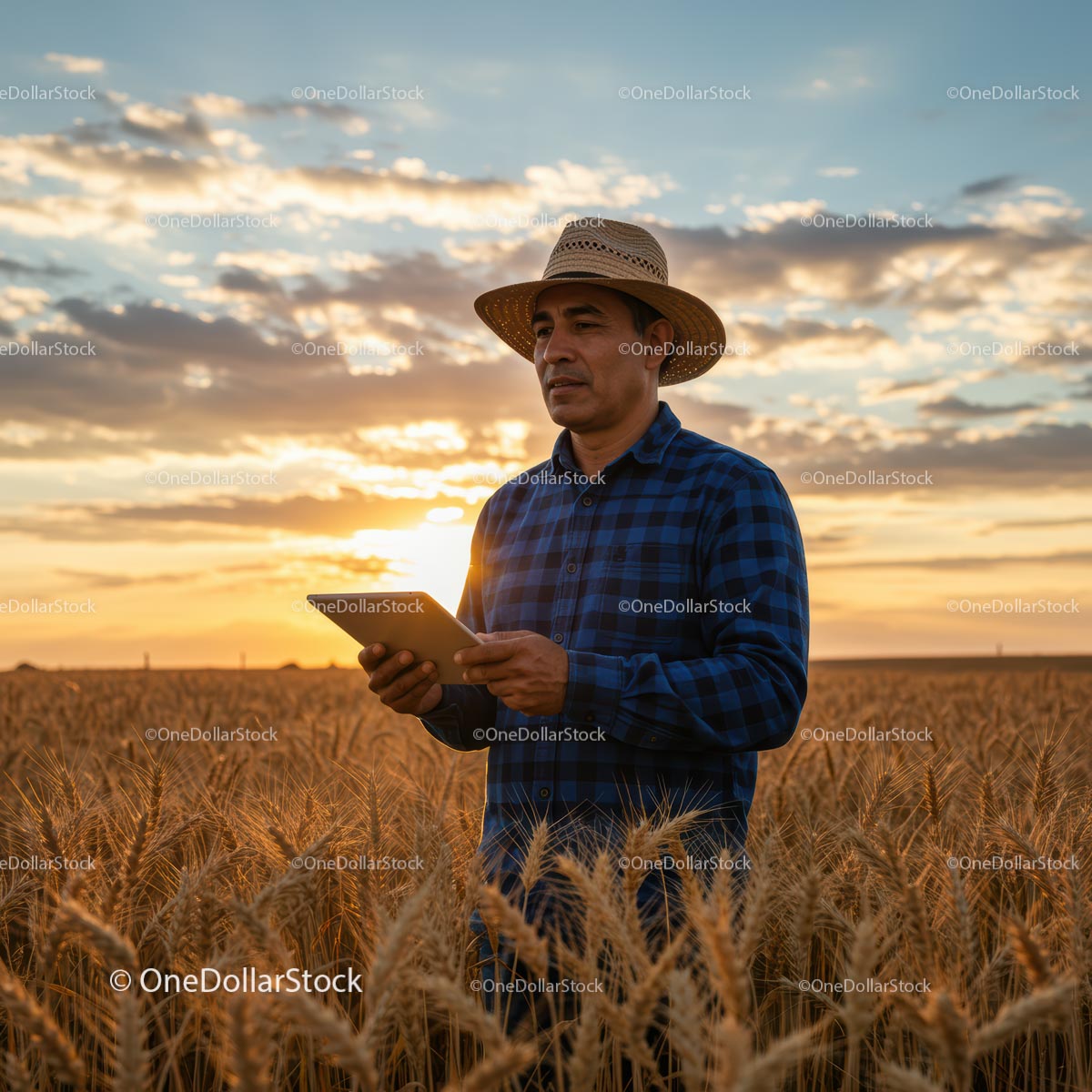 Farmer with Tablet in a Wheat Field at Sunset