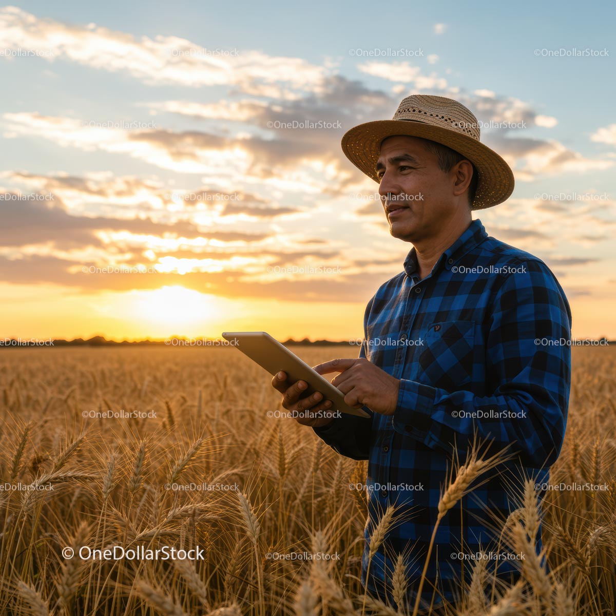 Farmer Using Tablet in Wheat Field at Sunset