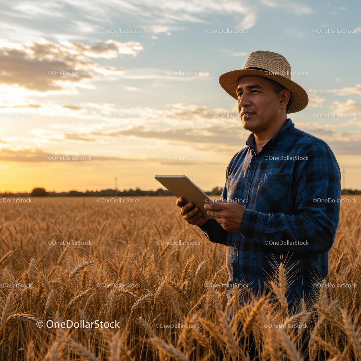 Farmer with Tablet in Golden Wheat Field at Sunset