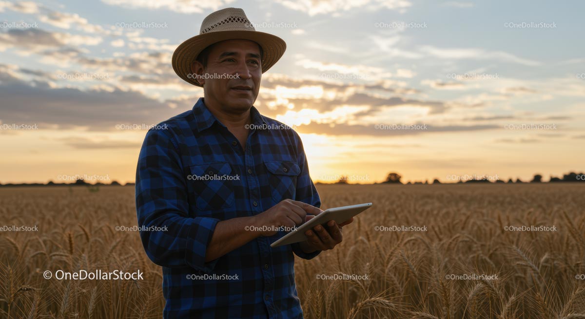 Farmer Using Tablet in Golden Wheat Field at Sunset
