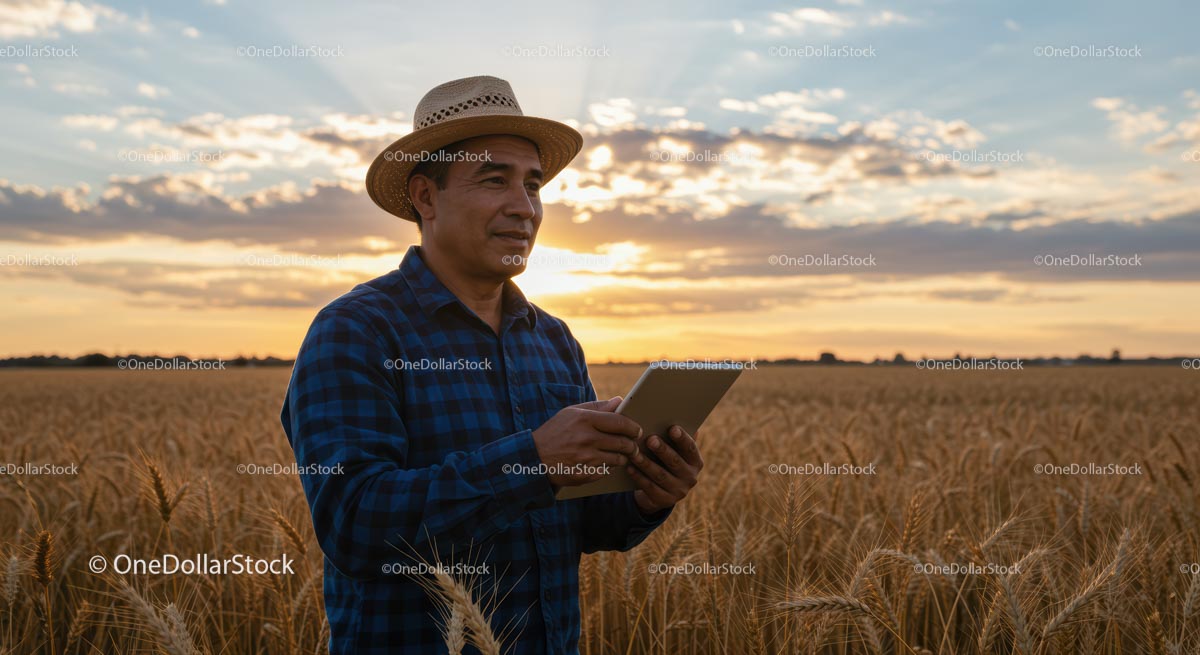 Farmer Using Tablet in Wheat Field at Sunset
