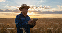 Farmer Using Tablet in Wheat Field at Sunset