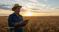 Farmer Using Technology in Wheat Field at Sunset