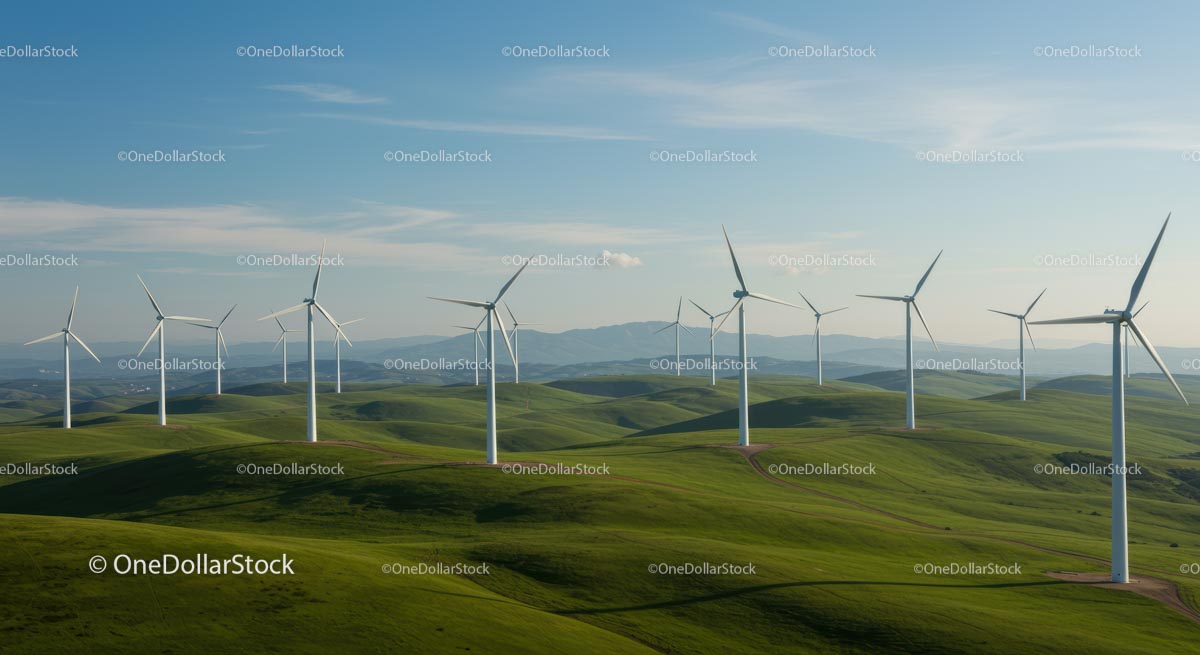 Wind Turbines on Rolling Green Hills Under Blue Sky