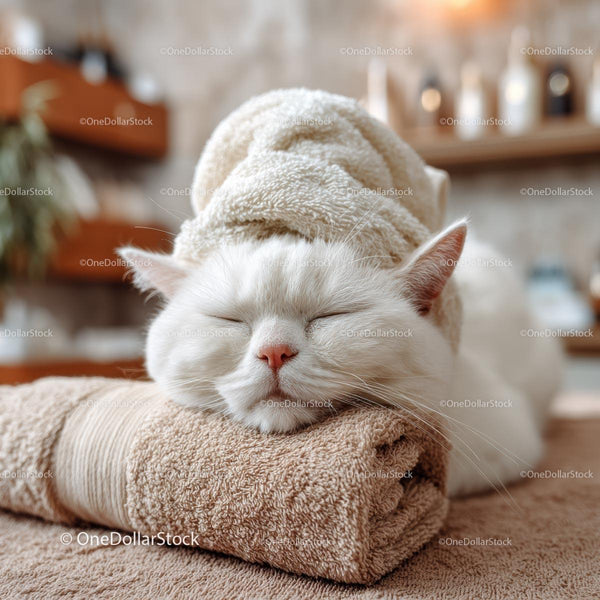 Relaxed White Cat Enjoying a Spa Day on Cozy Towels