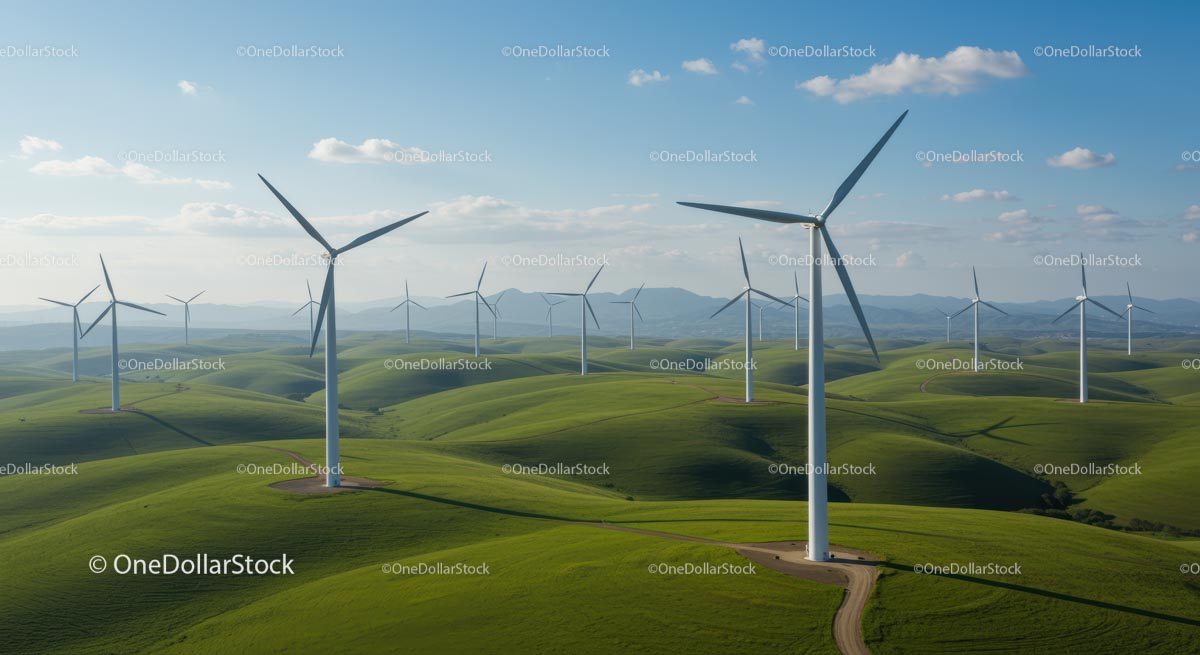 Wind Turbines on Rolling Green Hills Under Clear Blue Sky