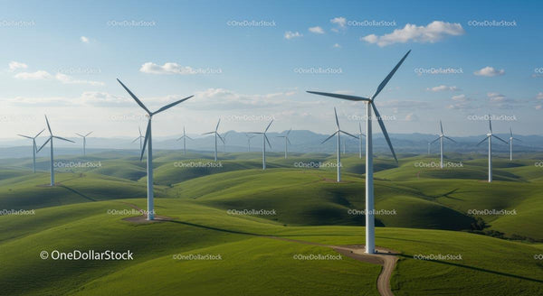 Turbiny Wiatrowe na Zielonych Wzgórzach pod Czystym Niebieskim Niebiem