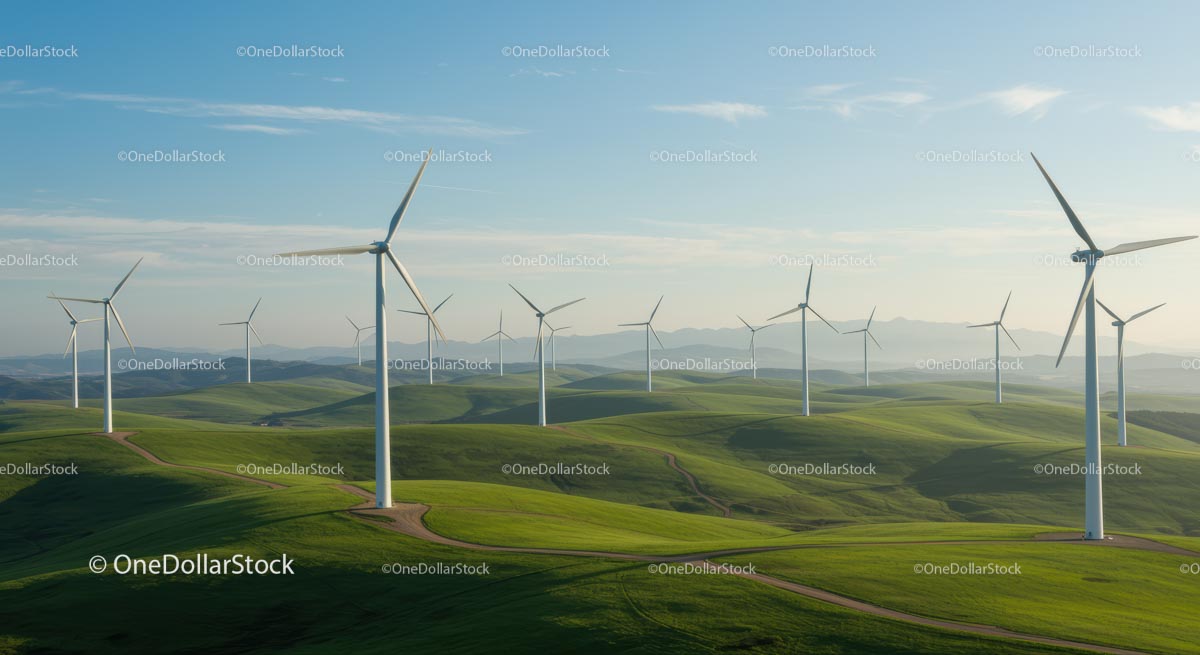 Wind Turbines Over Rolling Green Hills Under Clear Blue Sky