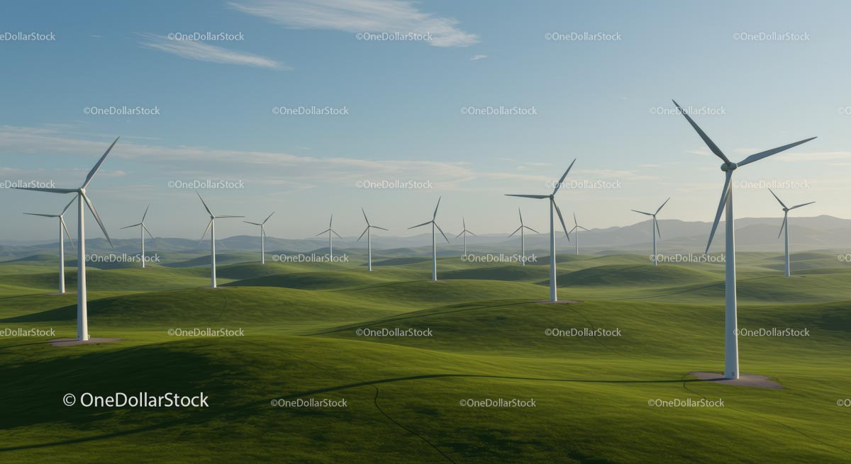 Wind Turbines on Rolling Green Hills Under Blue Sky