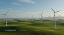 Wind Turbines on Rolling Green Hills Under Blue Sky