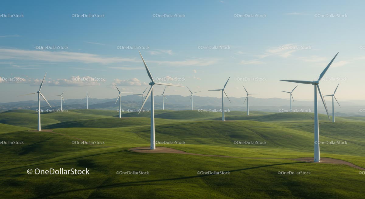 Wind Turbines on Green Hills Under Blue Sky