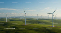 Wind Turbines on Green Hills Under Blue Sky