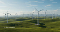 Wind Turbines on Rolling Green Hills Under Blue Sky