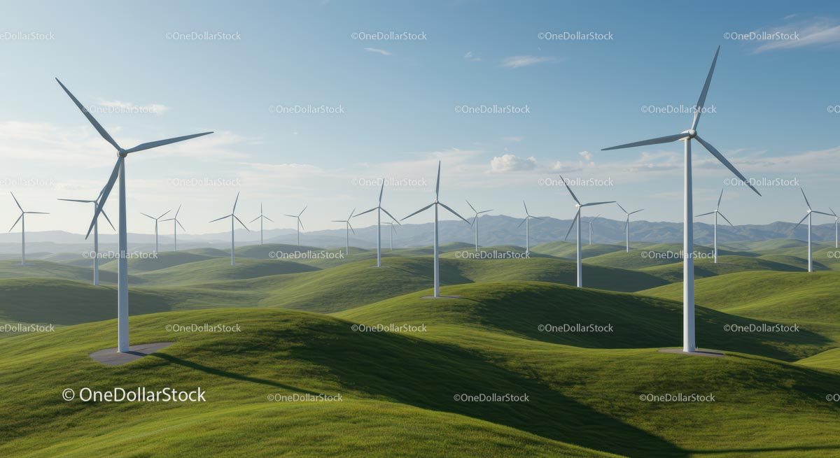 Wind Turbines on Rolling Green Hills Under Blue Sky