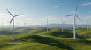 Wind Turbines on Rolling Green Hills Under Blue Sky