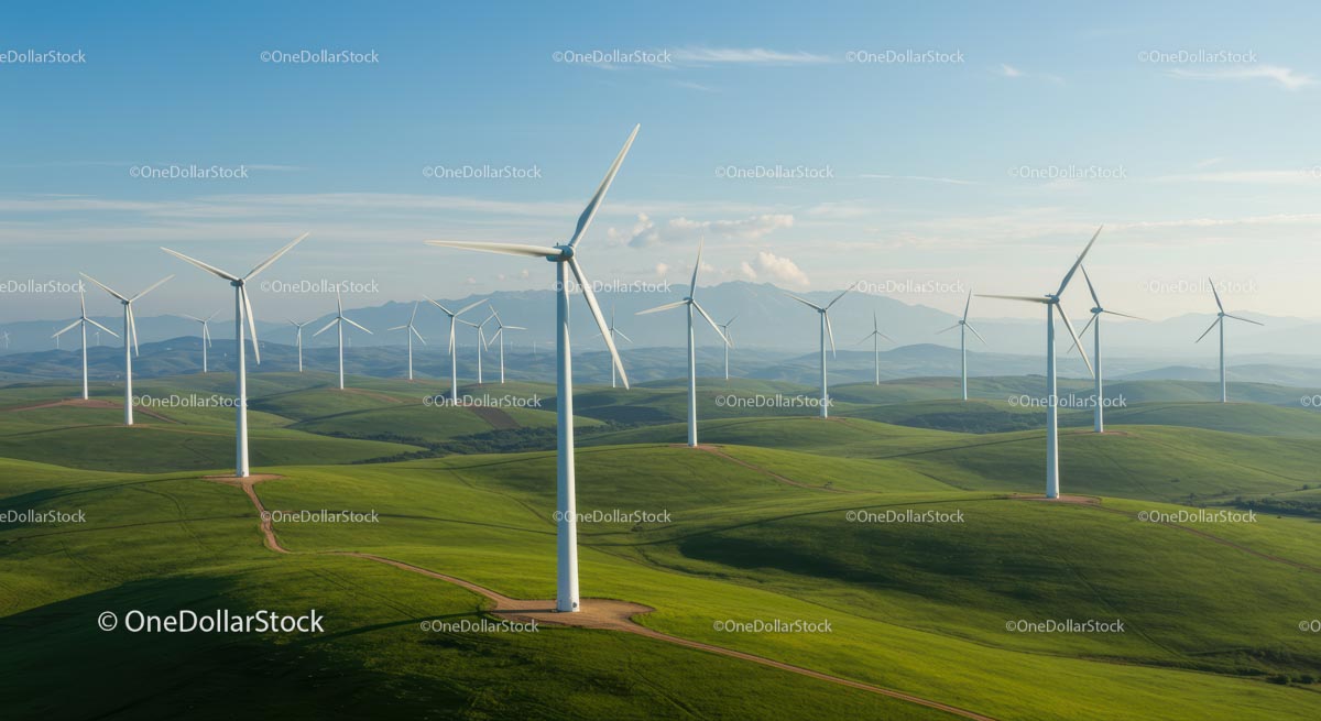 Turbiny wiatrowe na pagórkowatych zielonych wzgórzach pod czystym, błękitnym niebem