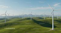 Wind Turbines on Green Rolling Hills under Blue Sky
