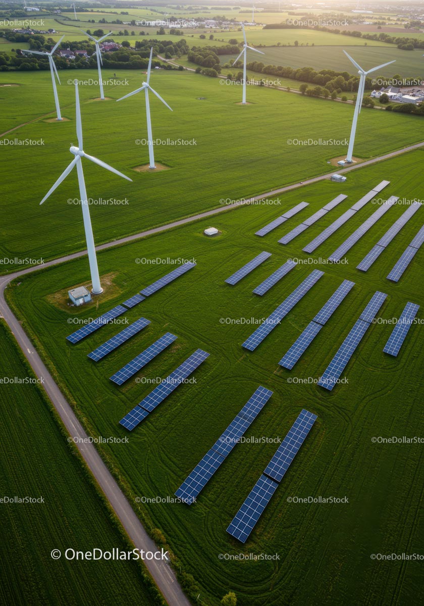 Aerial View of Wind Turbines and Solar Panels in Green Landscape