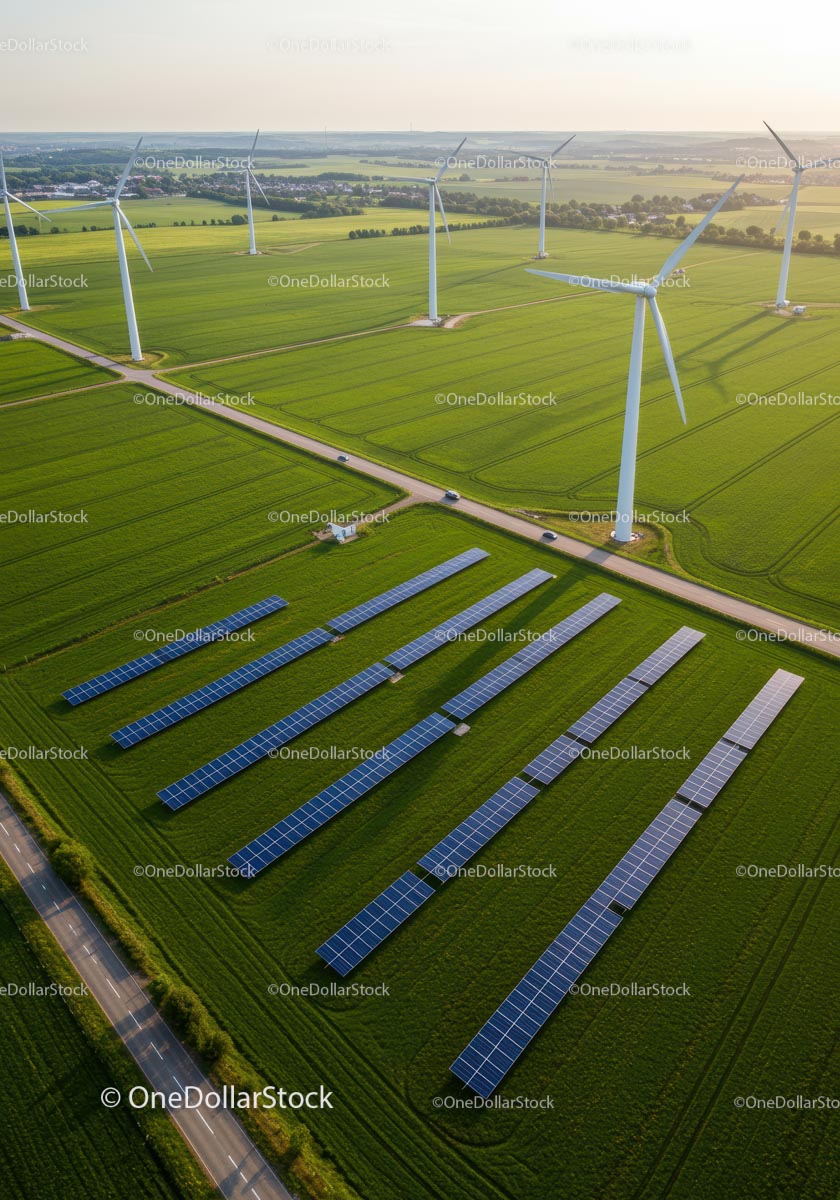 Aerial View of Wind Turbines and Solar Panels in Green Field
