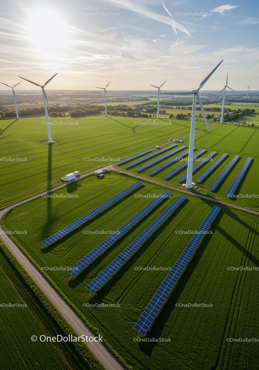 Aerial View of Wind Turbines and Solar Panels in Green Landscape