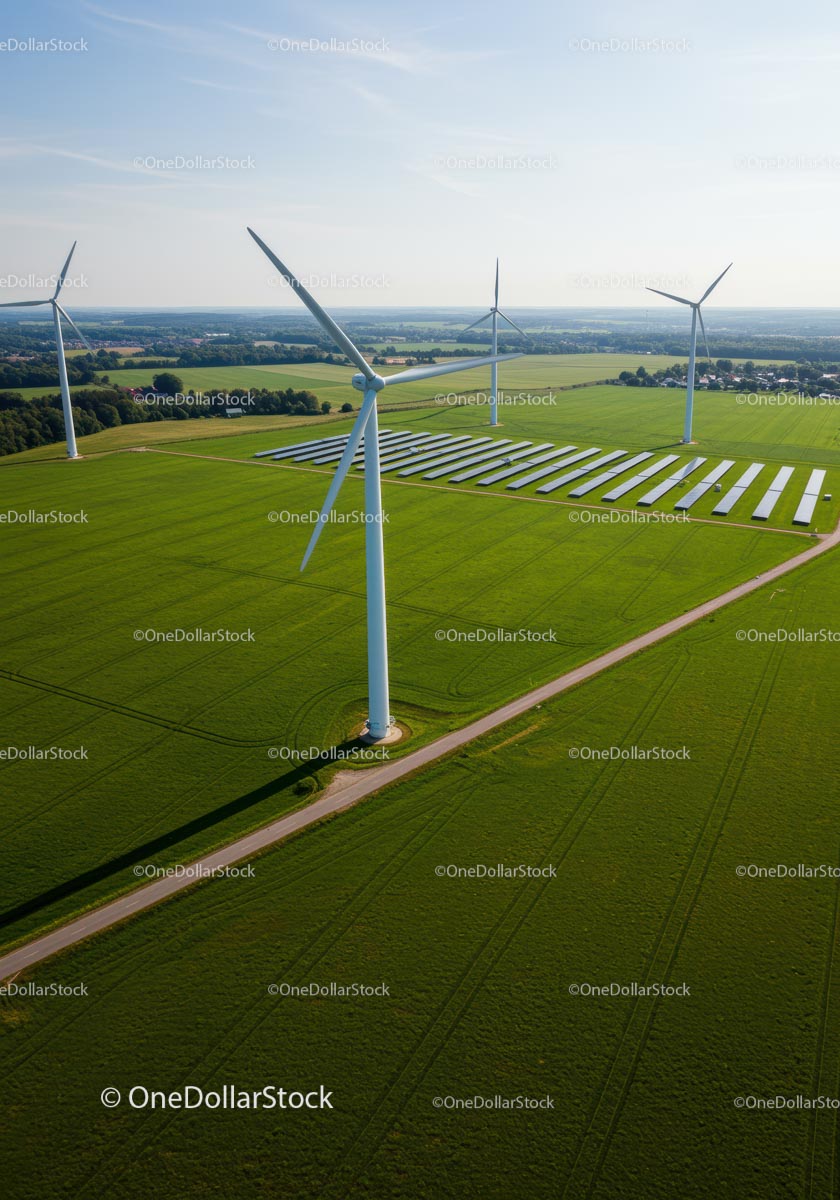 Aerial View of Wind Turbines and Solar Panels in Green Field