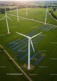 Aerial View of Wind Turbines and Solar Panels in Green Field